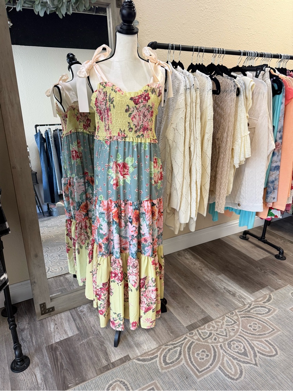 Smocked Tiered Floral Maxi Dress with Tie Straps - Yellow & Blue size XXL